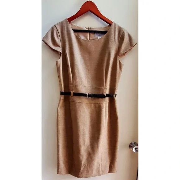 Jessica Howard Dress 12 Brown Belt Cap Sleeve Tweed Tan/Brown Sheath Poly Lined - Picture 1 of 13